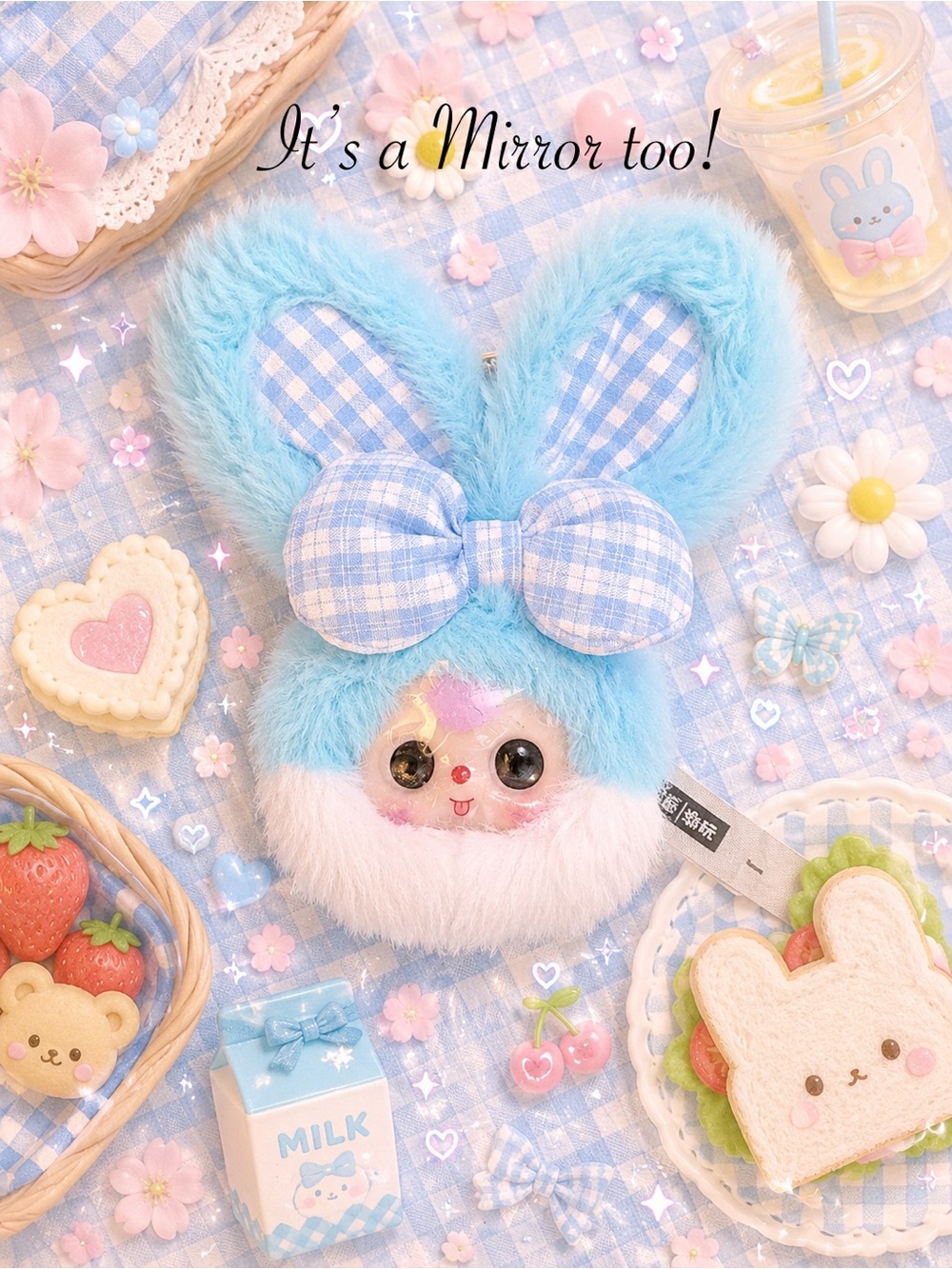 Baby Three Vanity Mirror V2 Compact Cute Kawaii Blue Bunny Blue Checkered Bow